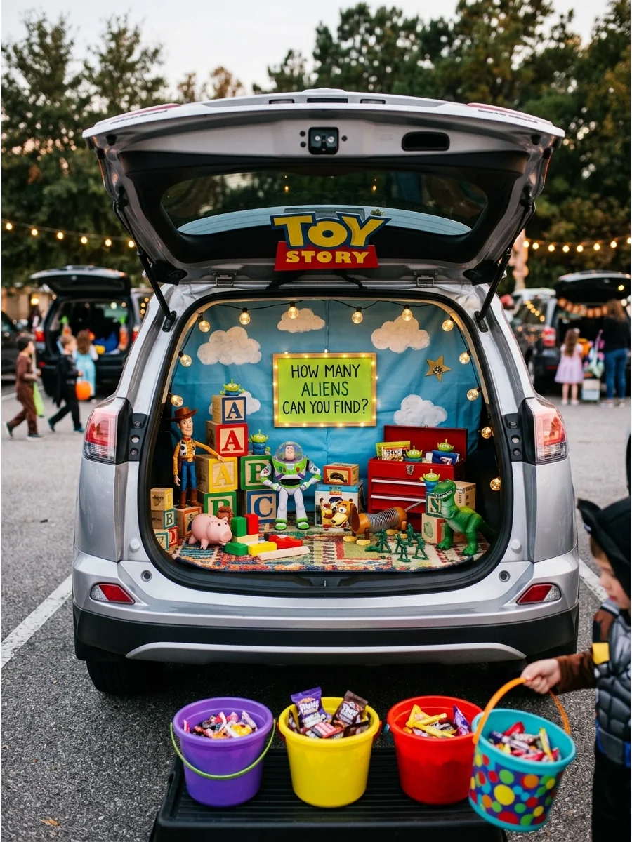 A busy trunk display with hidden alien stickers for a seek-and-find game.