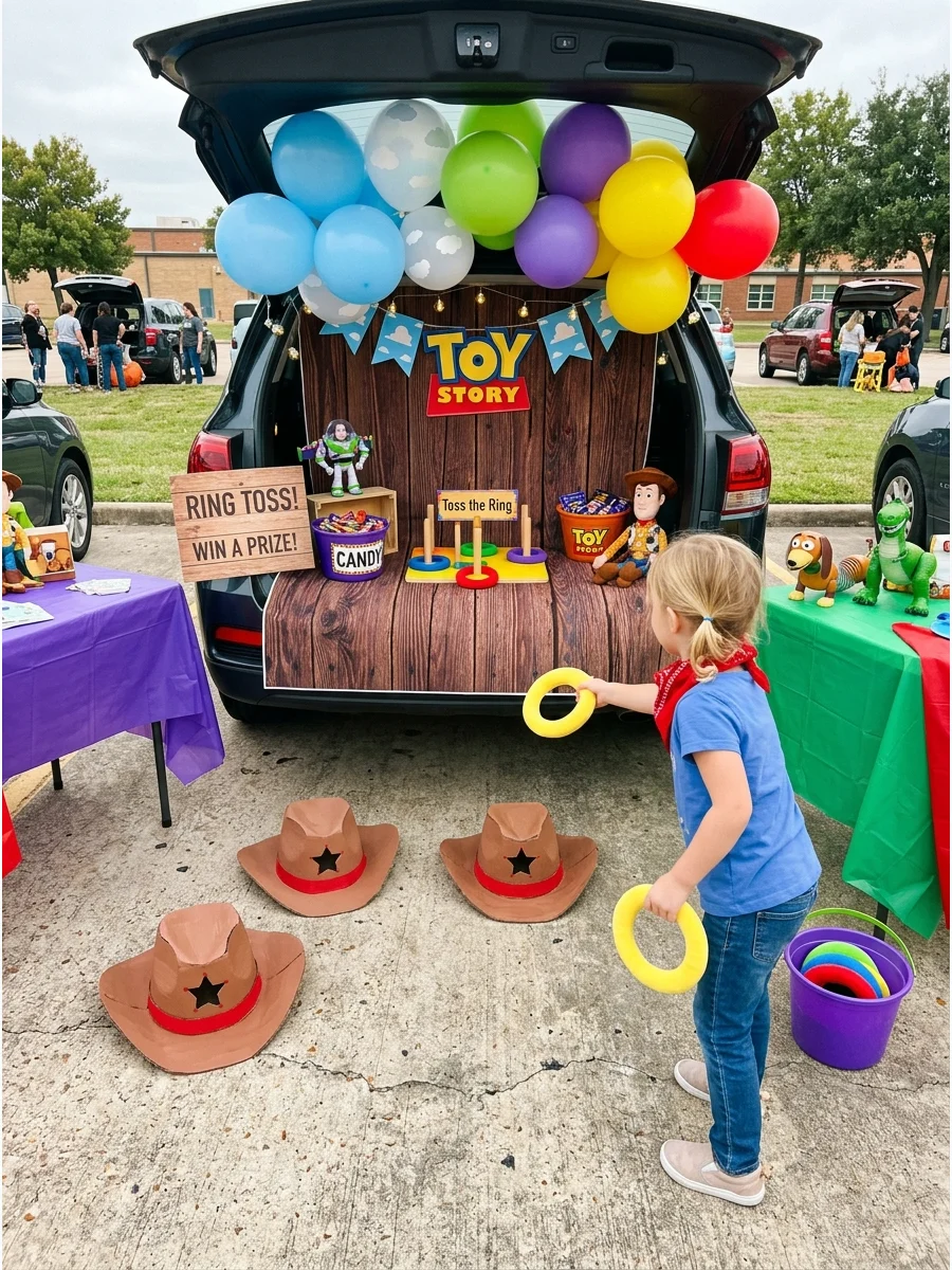 A ring toss game at a car trunk with cardboard cowboy hats as targets.