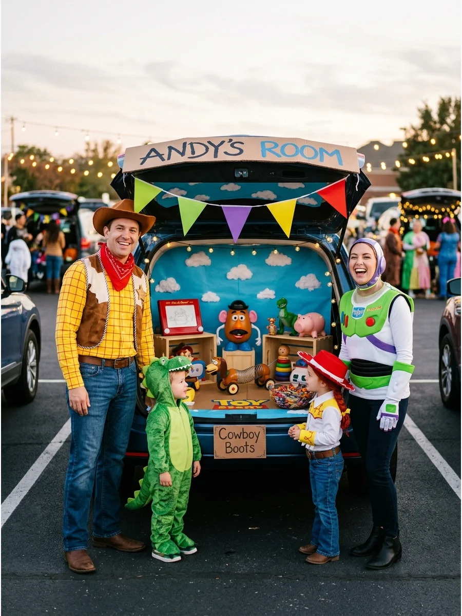 A family in coordinated toy-themed costumes standing in front of their decorated car.