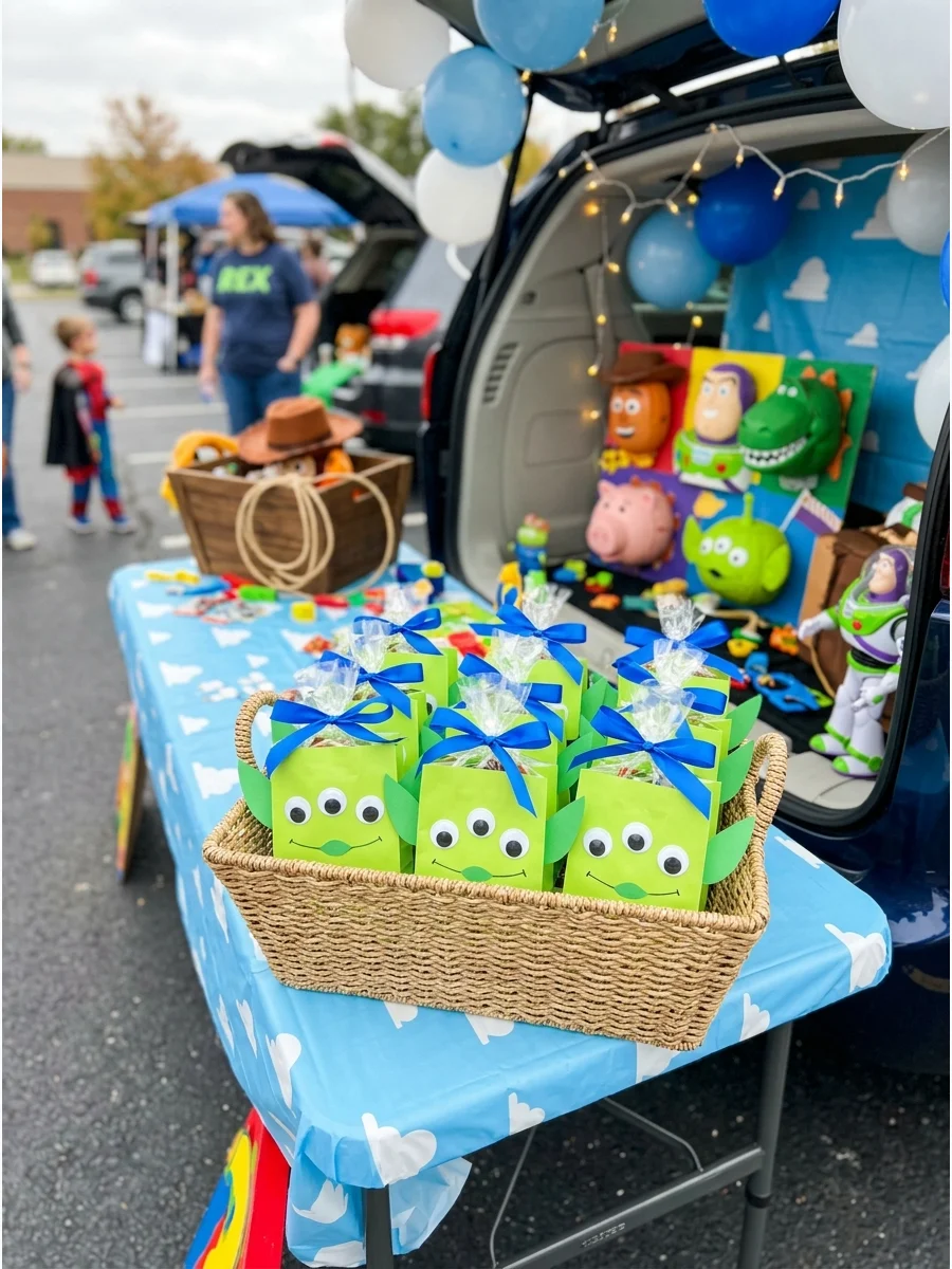 Green paper treat bags decorated with three googly eyes to look like aliens.