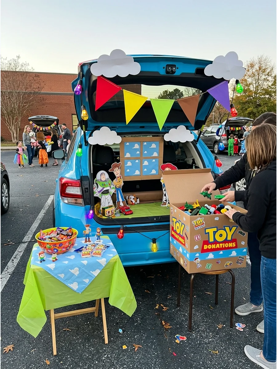 A trunk-or-treat display with a designated box for toy donations next to the candy.