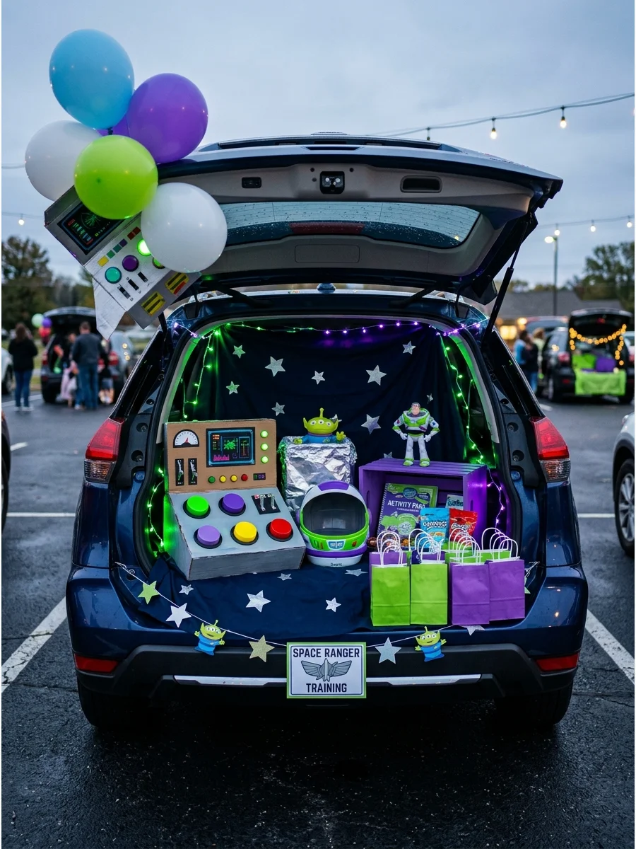 A space-themed trunk with dark fabric, star stickers, and green and purple lighting.