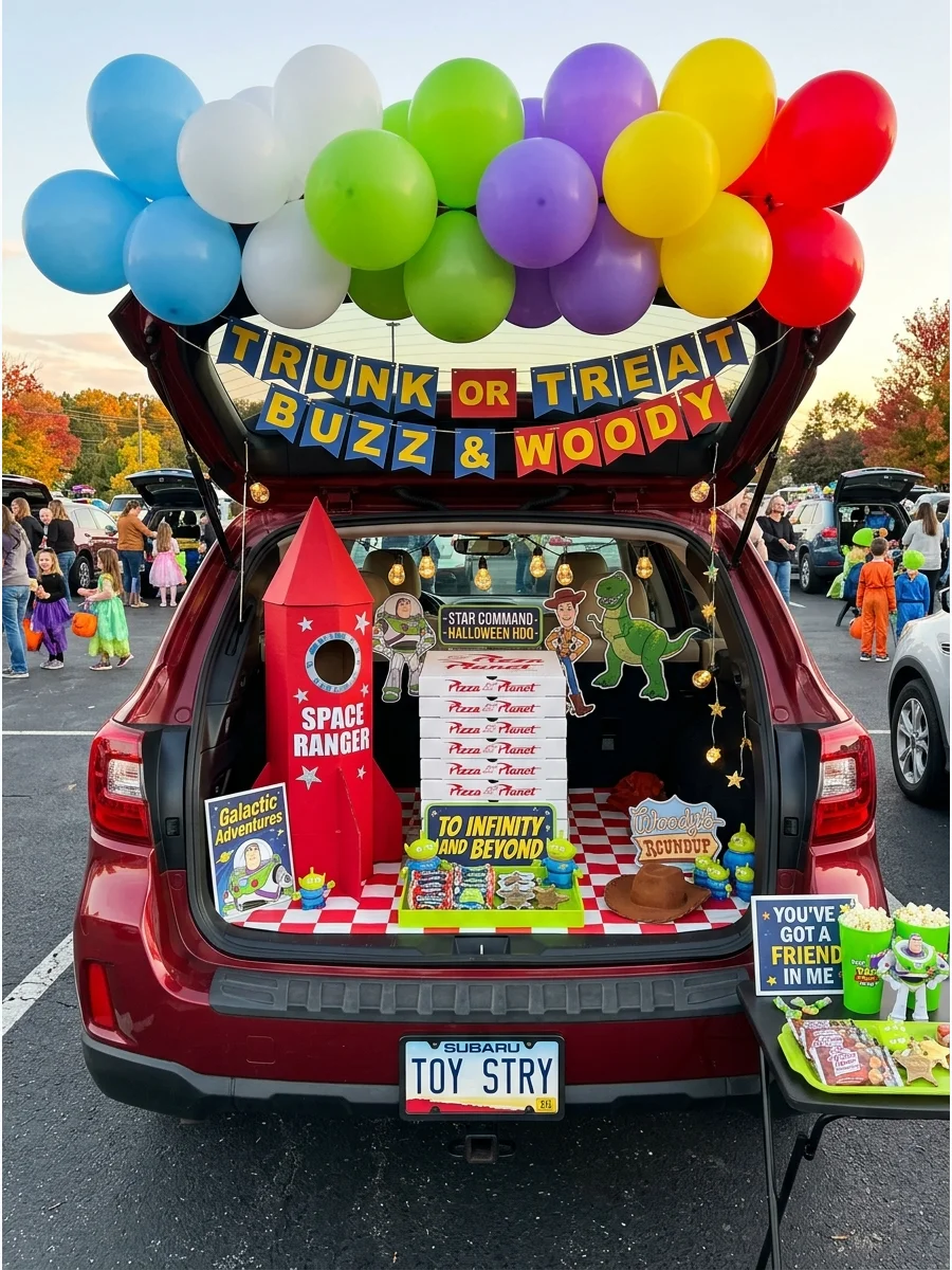 A pizza restaurant-themed trunk with red and white checkers and a cardboard rocket.