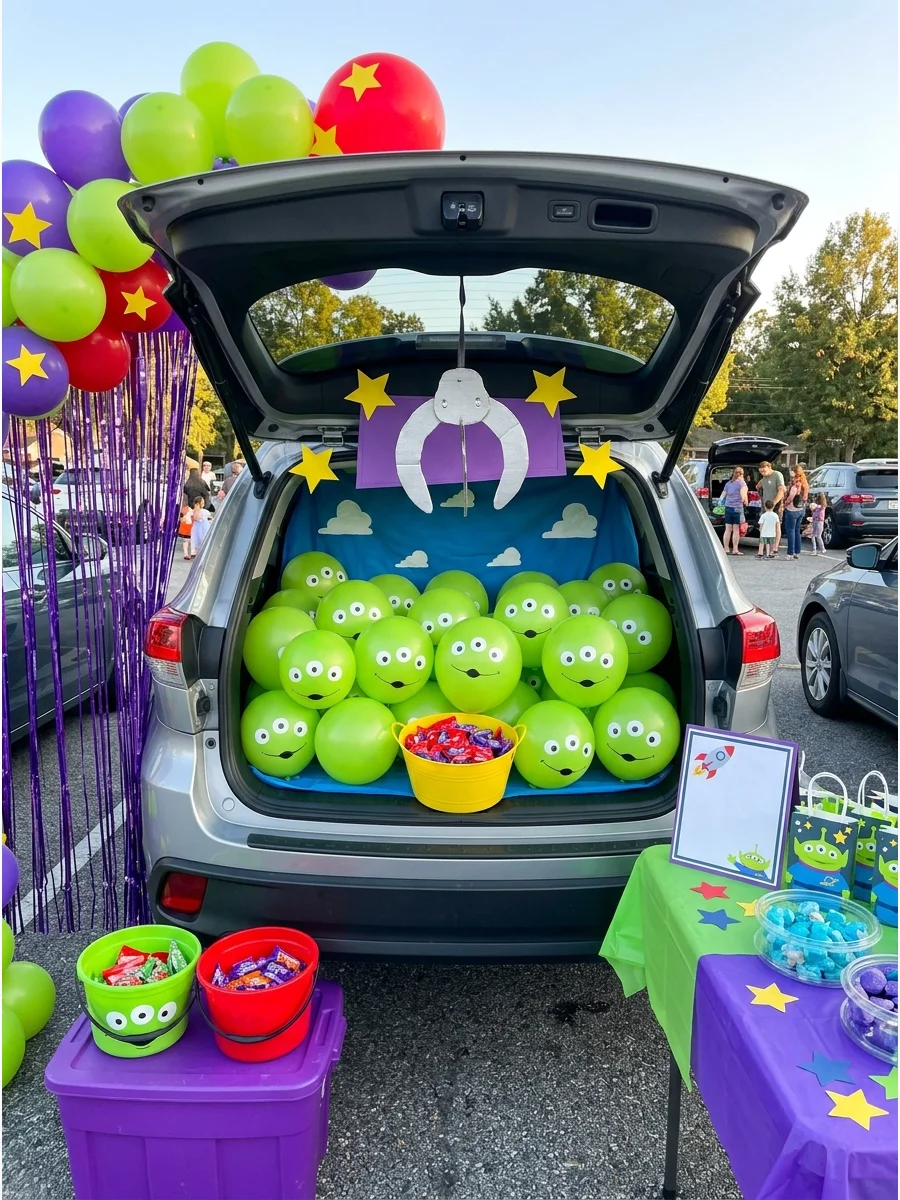 A car trunk filled with green balloons decorated with three eyes to look like aliens.