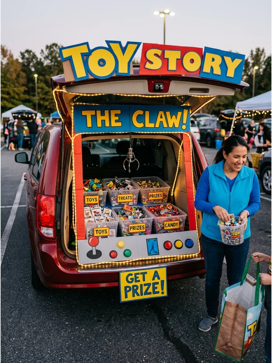A red cardboard frame on a car trunk making it look like a claw machine arcade game.