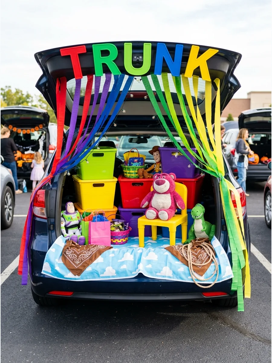 A colorful daycare-themed trunk with alphabet blocks and rainbow decorations.
