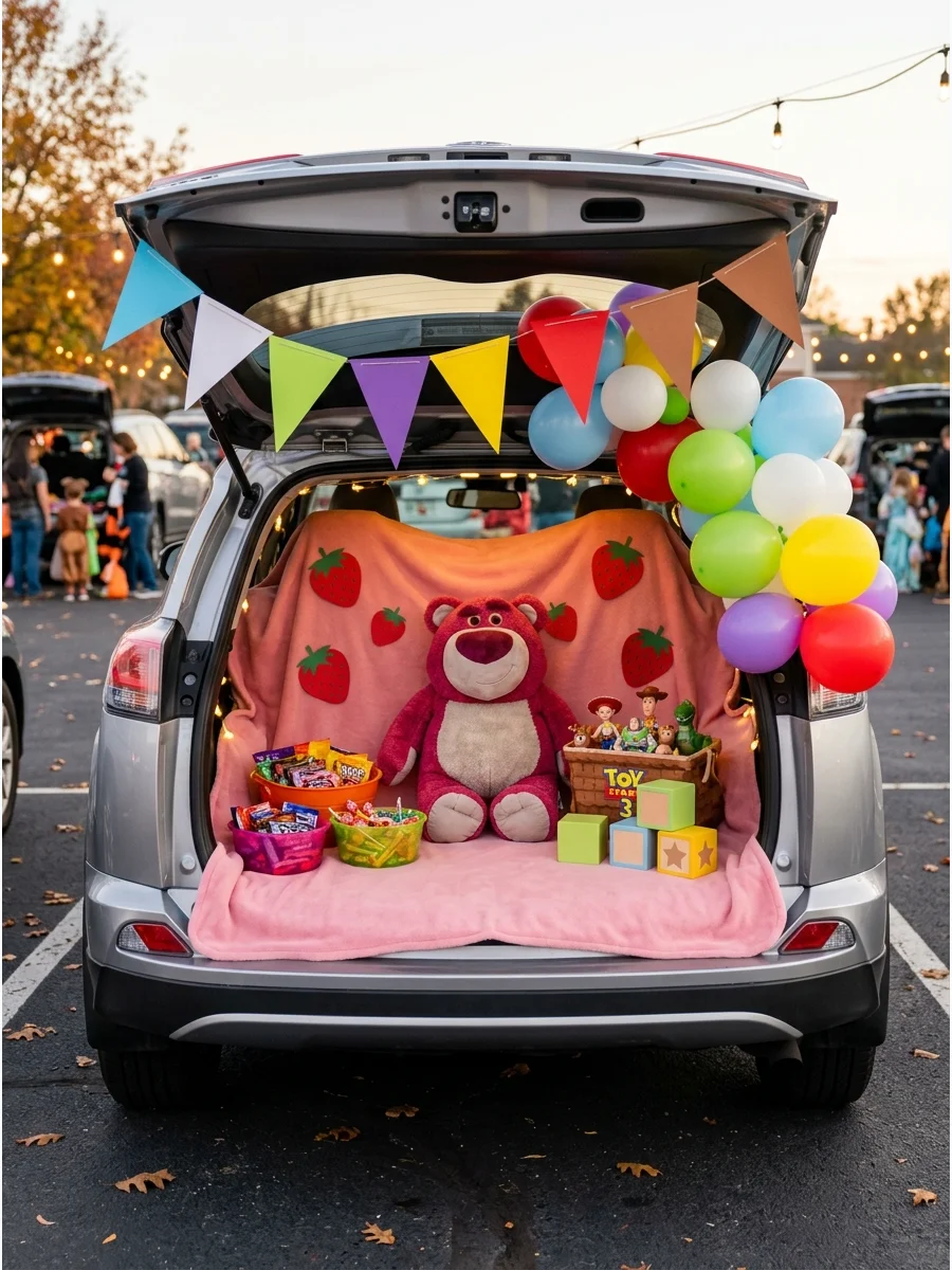 A pink and purple trunk display with strawberry decorations and a plush bear.