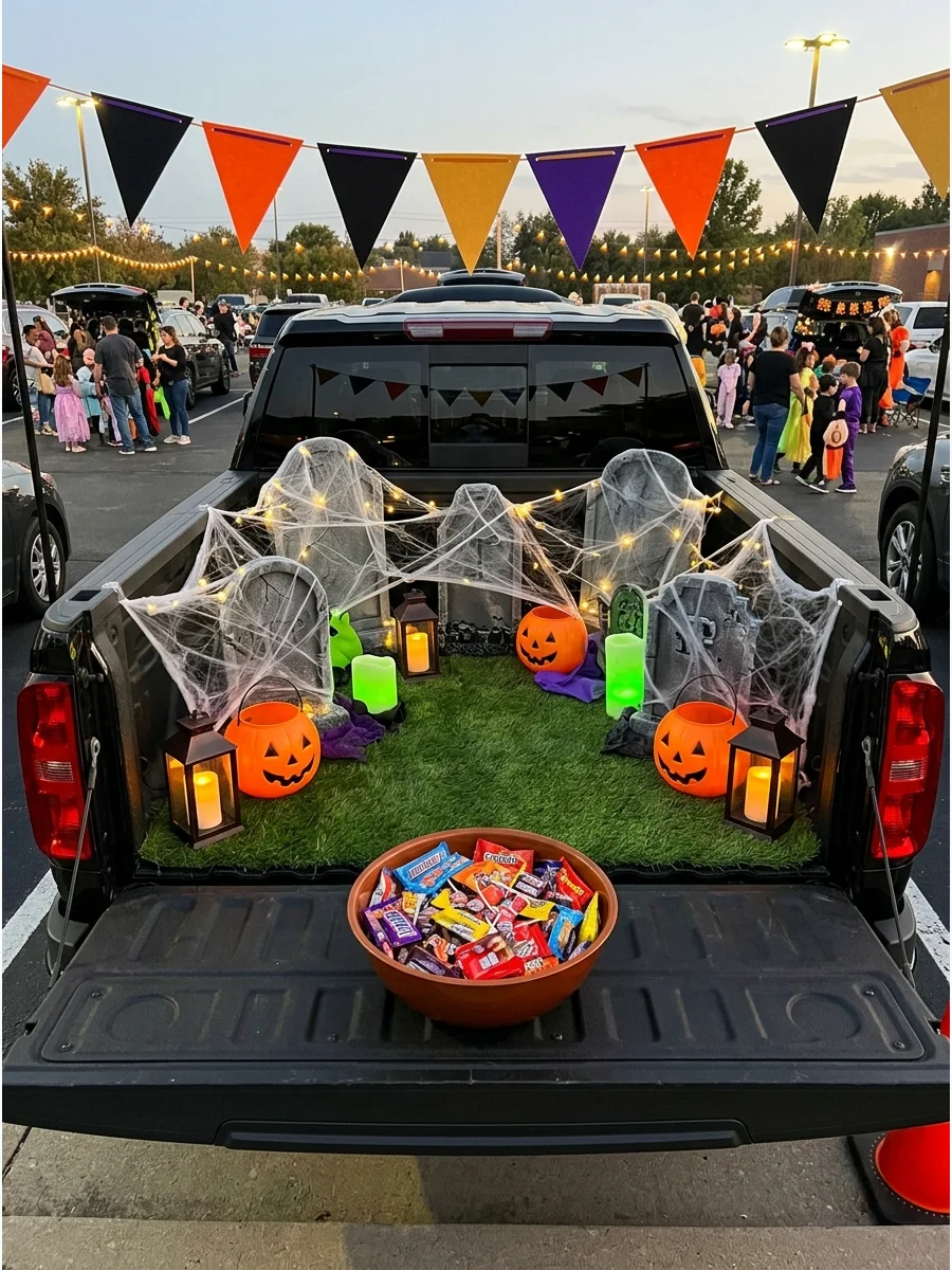A pickup truck bed decorated as a spooky graveyard with tombstones and lanterns.