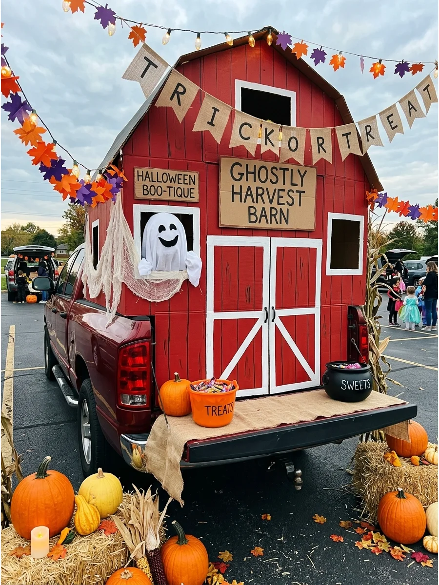 A truck bed transformed into a red haunted barn with hay and ghosts.