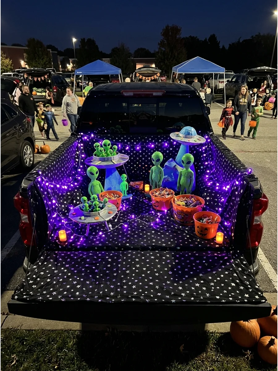 A space-themed truck bed with aliens and glowing stars.
