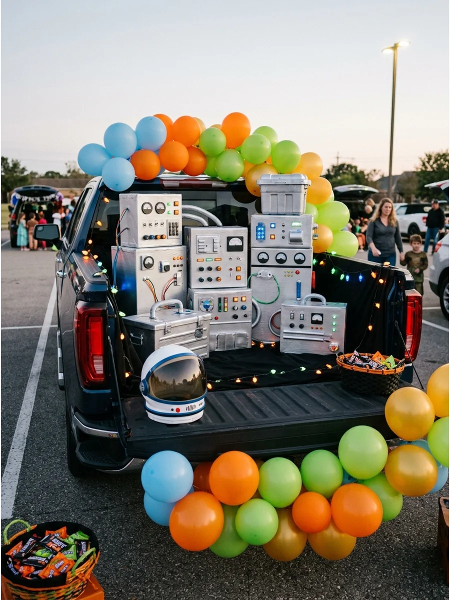 A truck bed decorated as a space mission control center with silver panels.