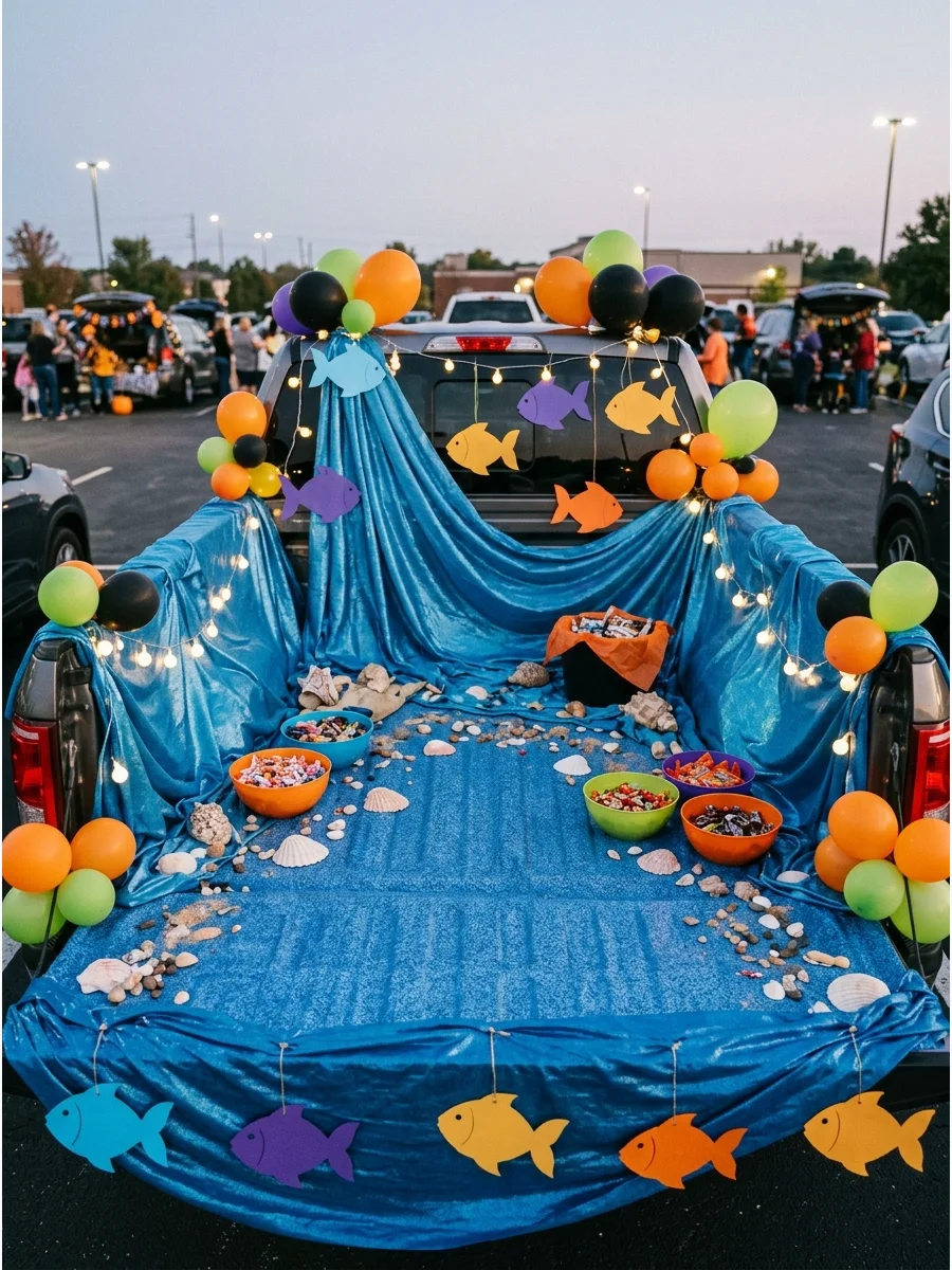 An underwater-themed truck bed with blue fabric and sea creature decorations.