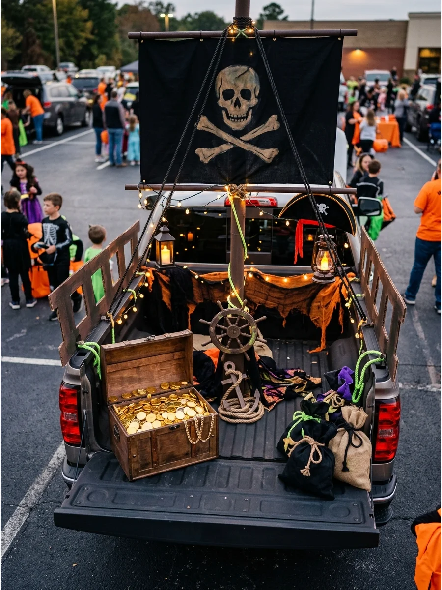 A pirate ship themed truck with a mast and treasure chest.