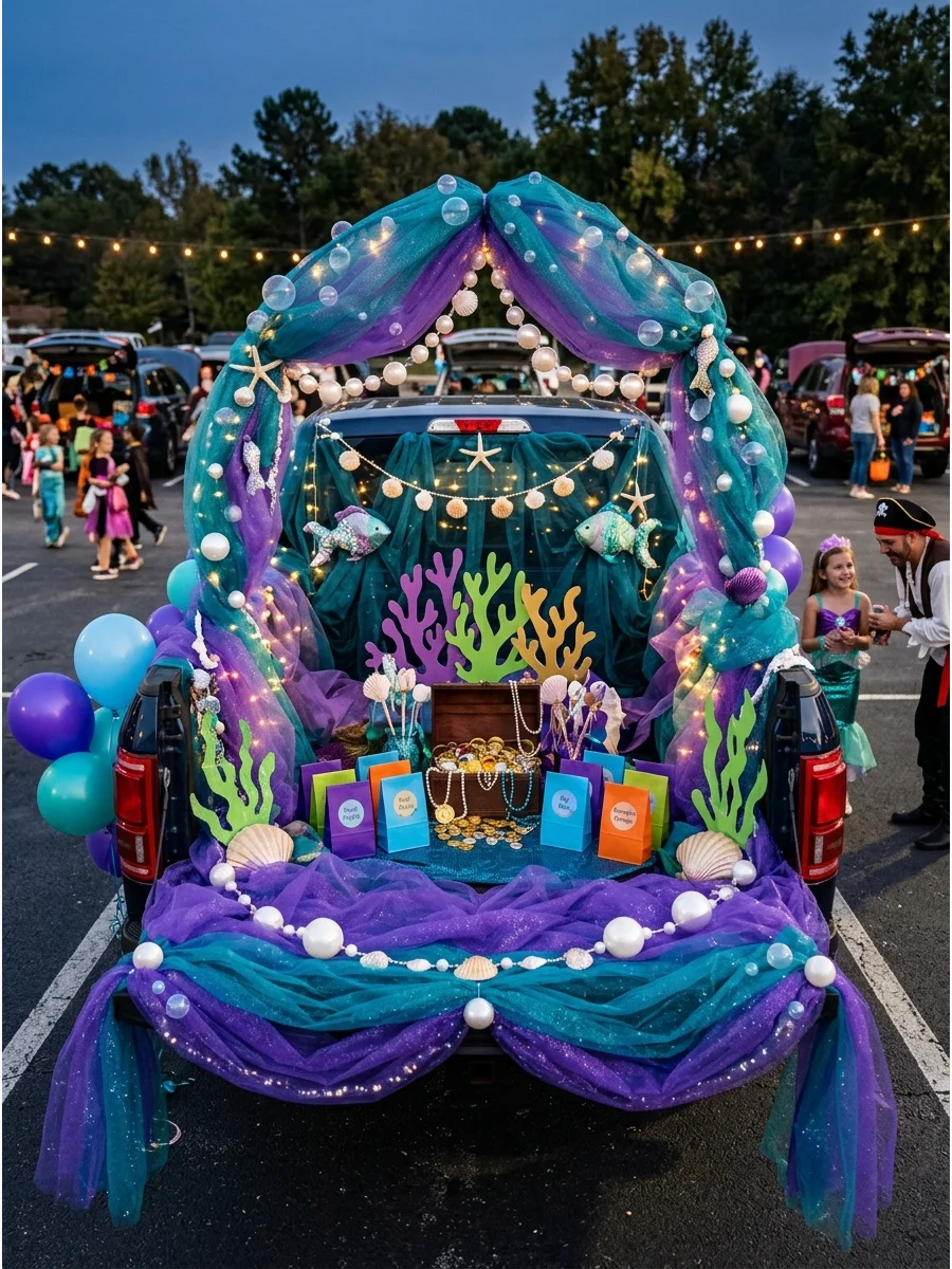 A magical mermaid lagoon theme in a truck bed with pearls and shells.