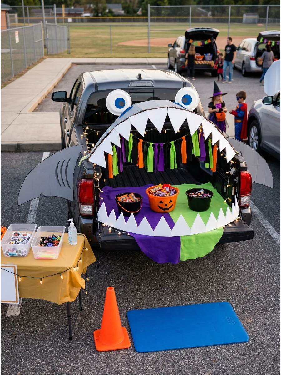 A shark-themed truck with teeth around the tailgate and blue interior.