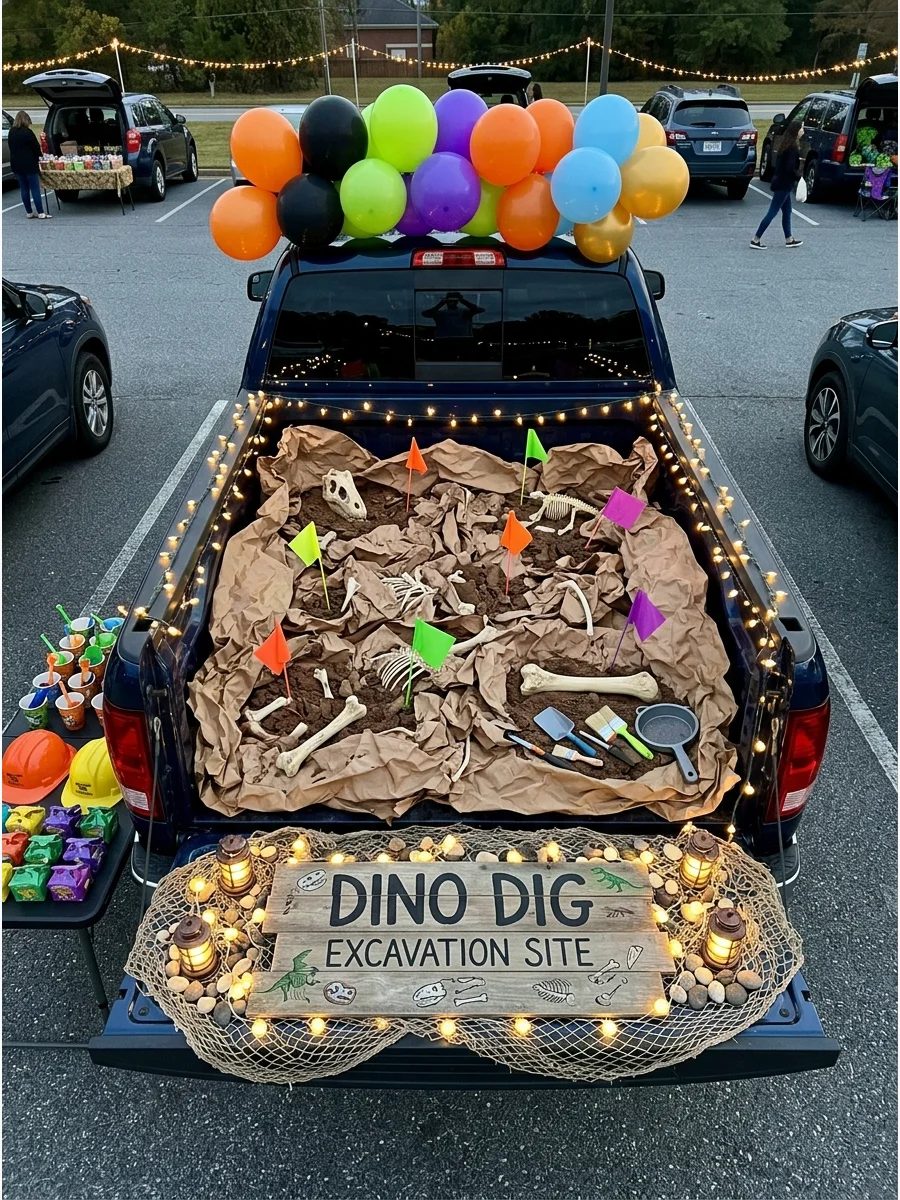 A dinosaur dig site theme in a truck bed with bones and tools.