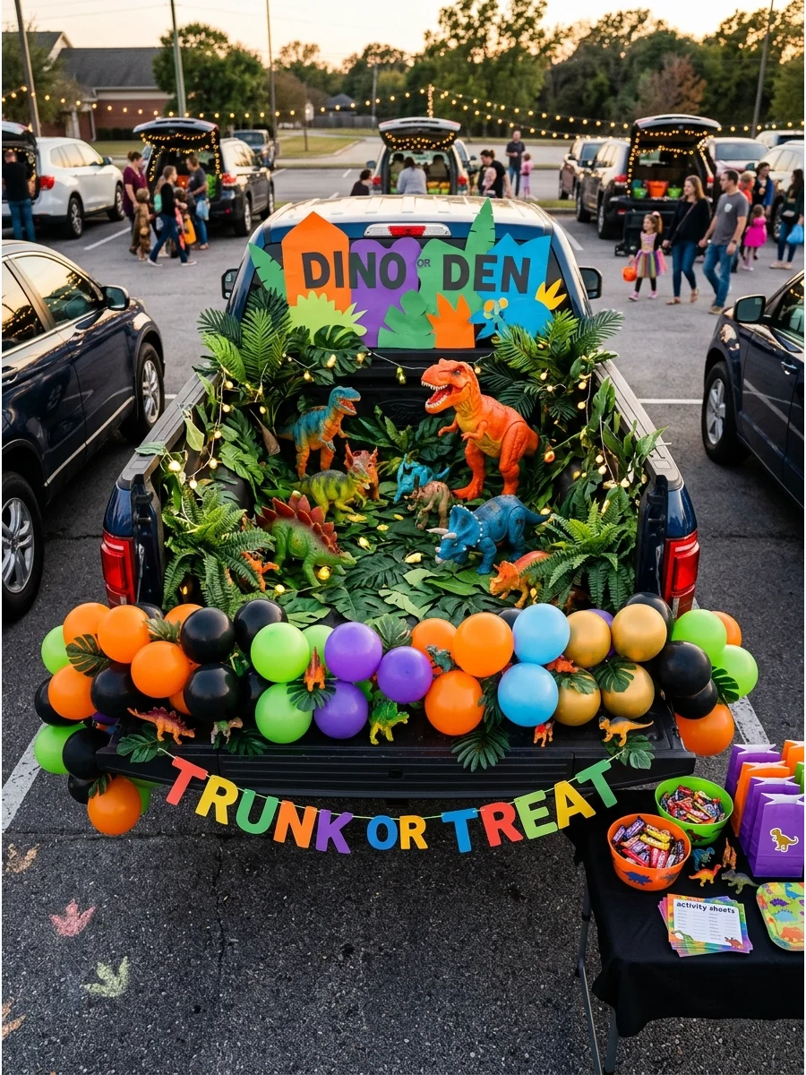 A jungle-themed truck bed with green leaves and dinosaurs.