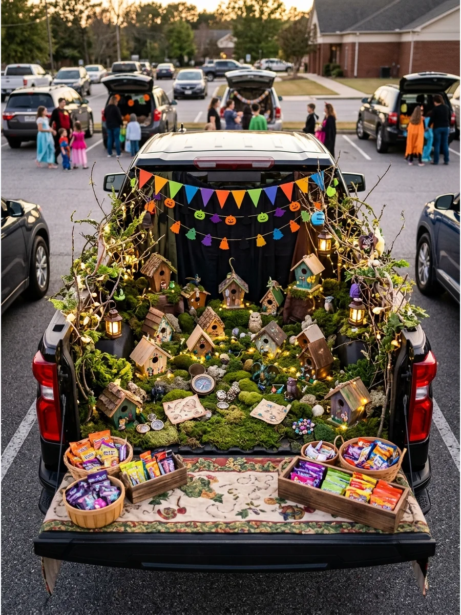 An enchanted forest theme in a truck bed with moss and fairy lights.