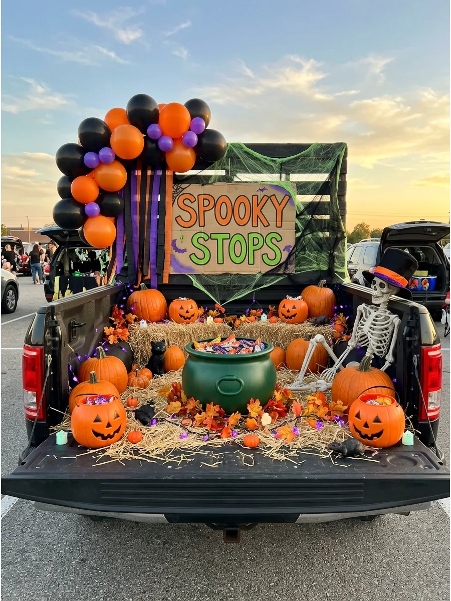 A truck bed filled with hay and pumpkins for a harvest theme.