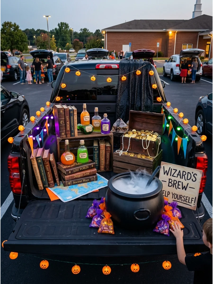 A wizard-themed truck bed with potion bottles and old books.