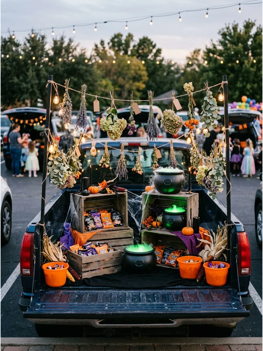 A witch's potion theme with cauldrons and hanging herbs in a truck bed.