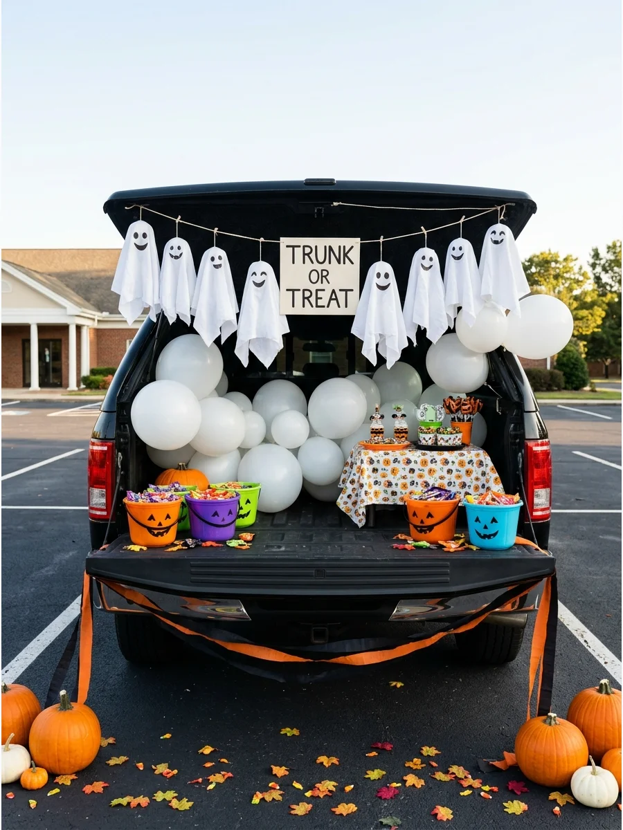 A kid-friendly ghost theme in a truck bed with white balloons.
