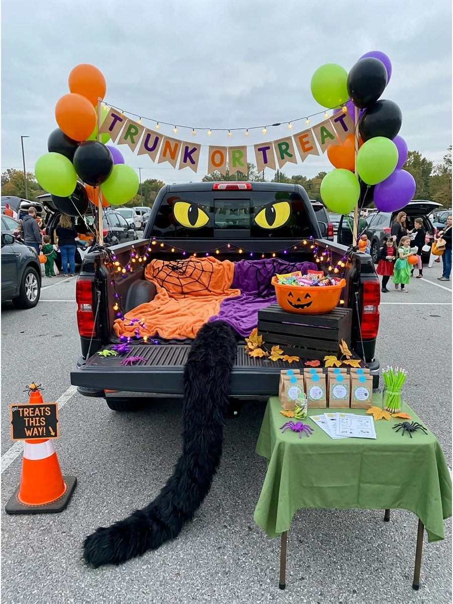 A black cat themed truck with large eyes and a tail.