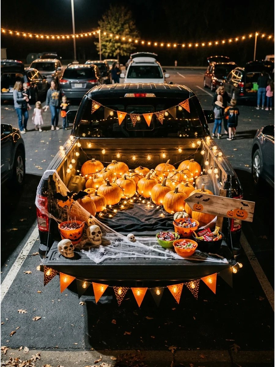 A truck bed filled with many glowing pumpkins and orange lights.