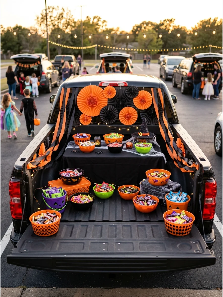 A classic orange and black themed trunk or treat setup.