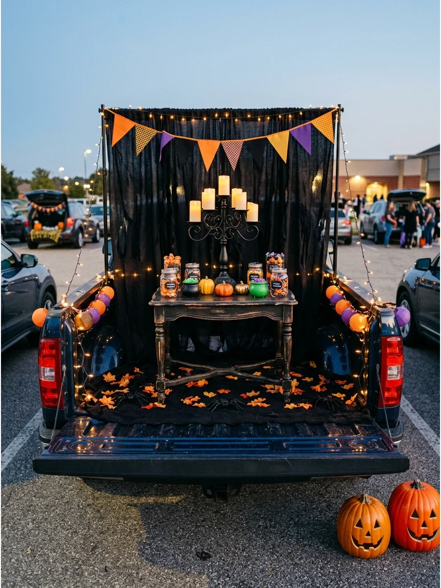 An elegant gothic haunted mansion theme in a truck bed.