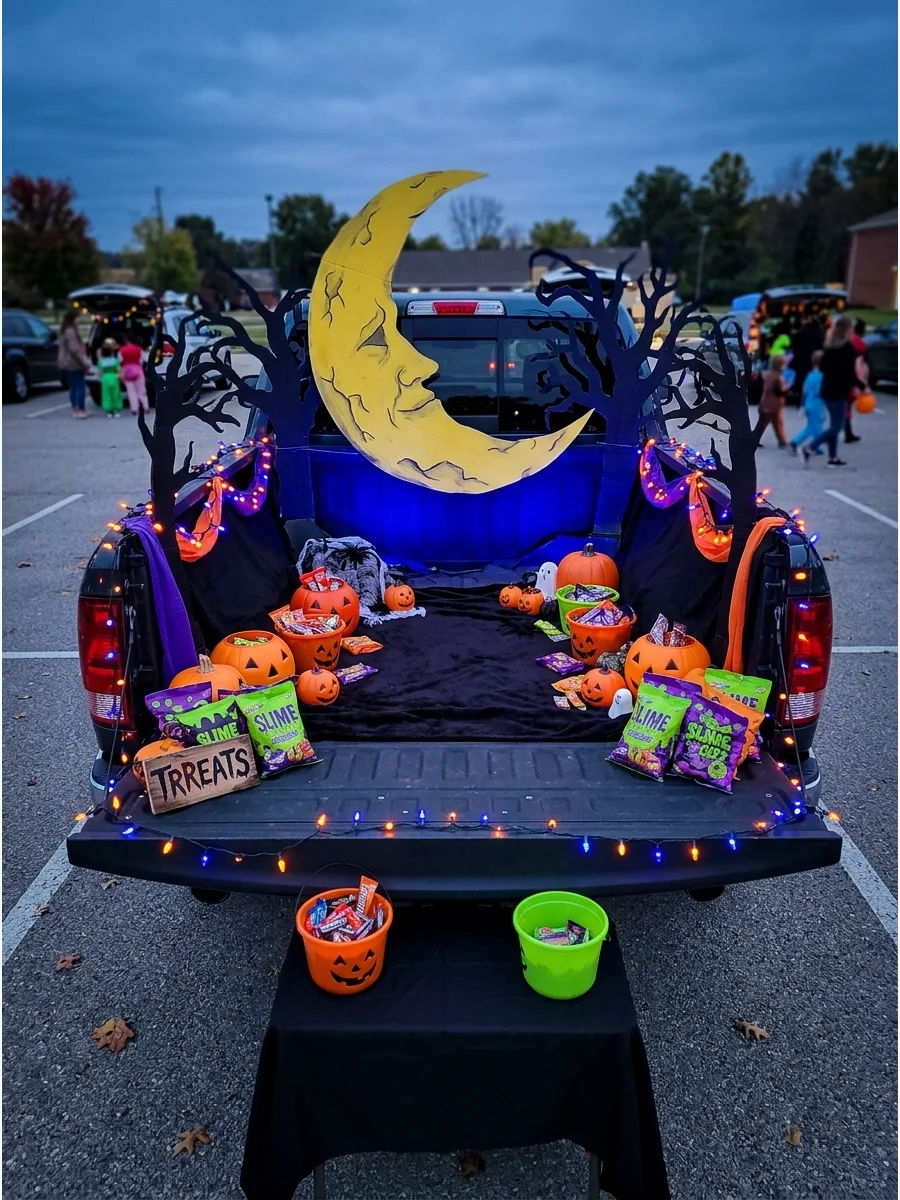 A moonlit cemetery theme in a truck bed with a large moon prop.