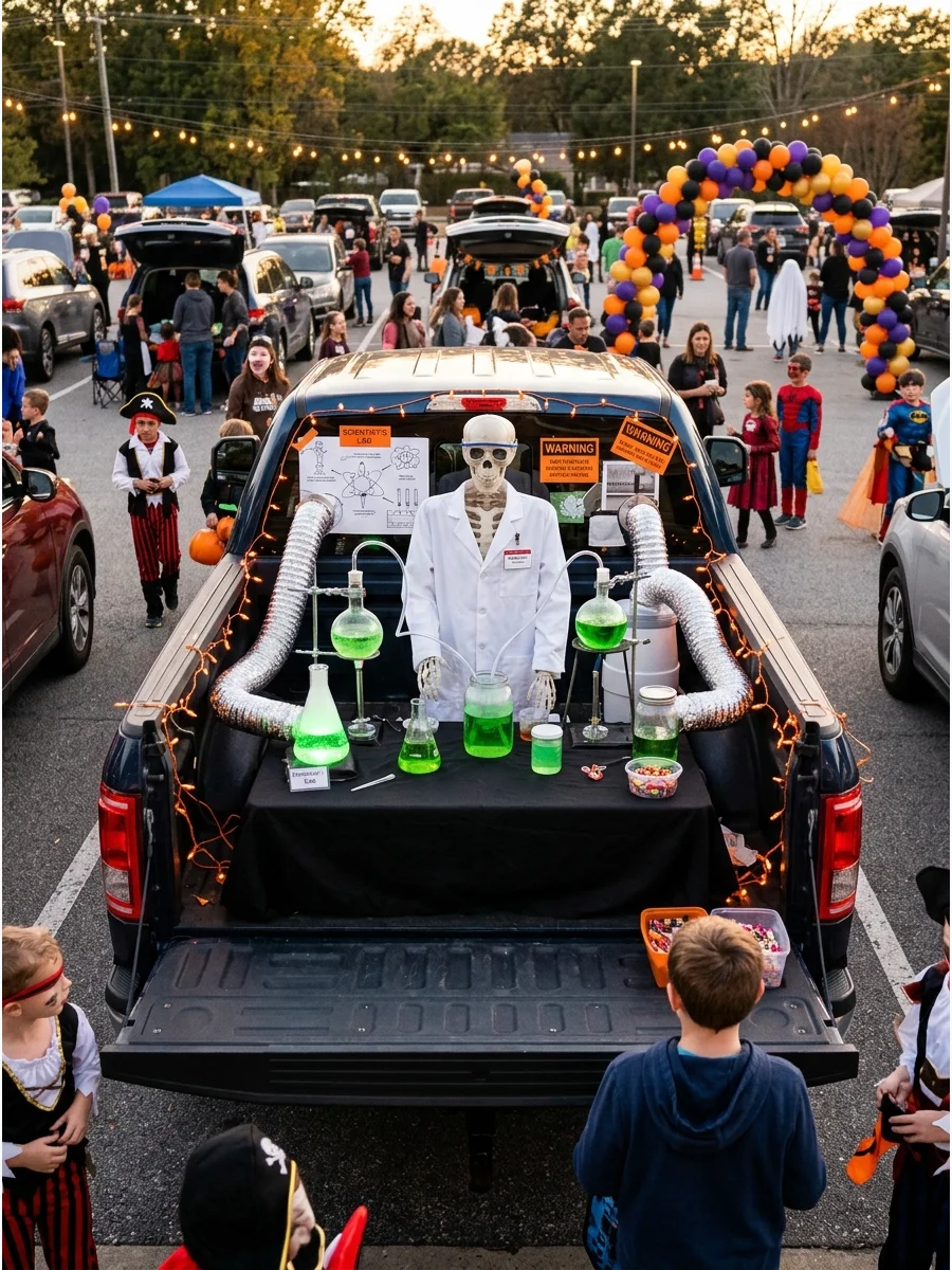 A mad scientist lab theme in a truck bed with glowing jars.