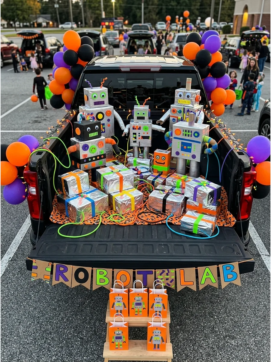 A robot-themed truck bed with silver boxes and industrial props.