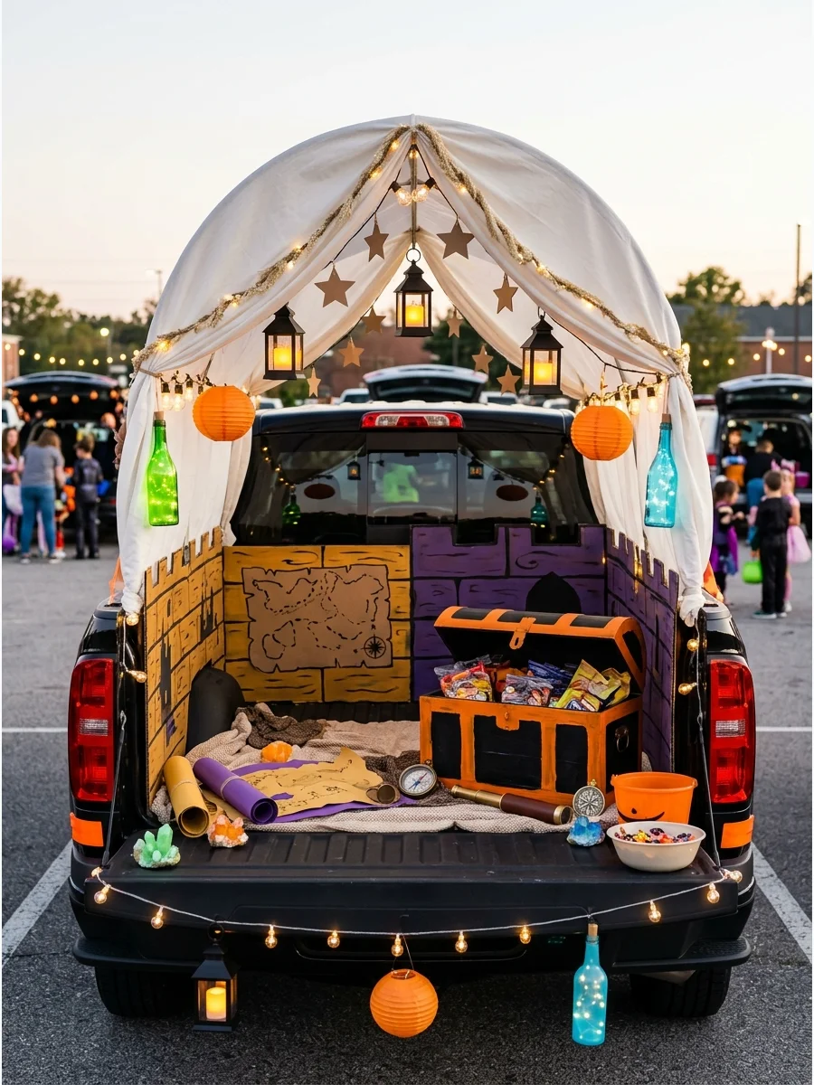 A truck decorated to look like a classic Western covered wagon.