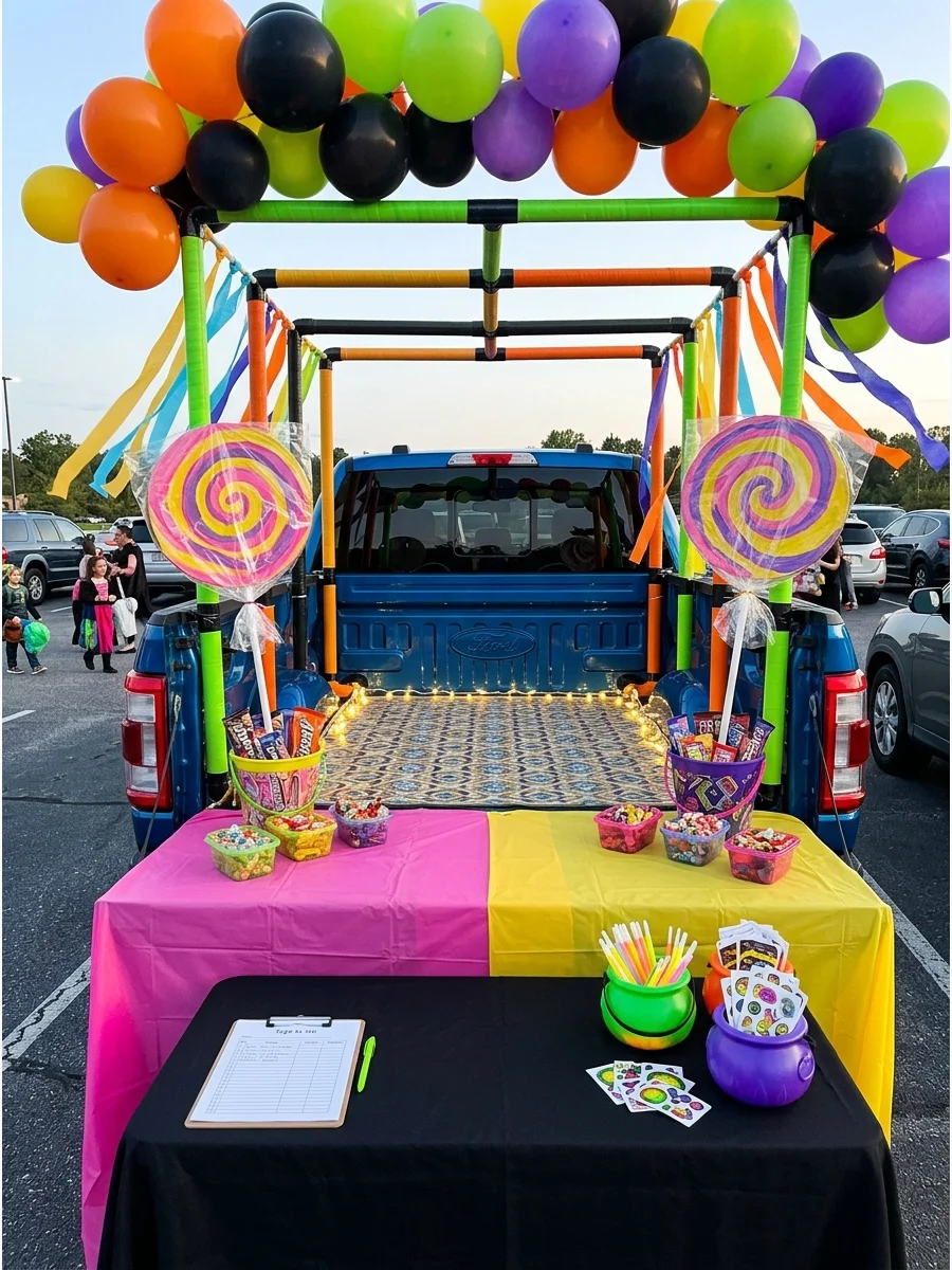 A colorful candy factory themed truck bed with oversized sweets.