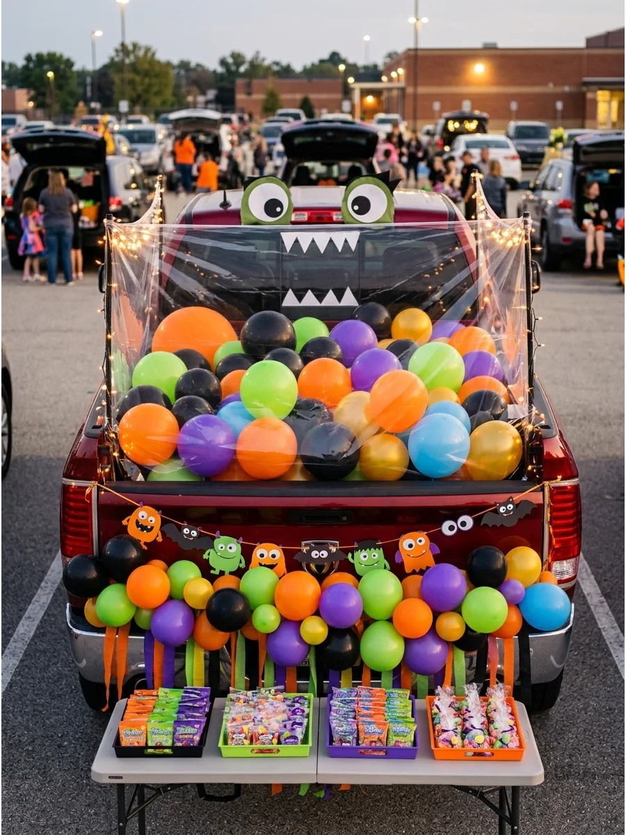 A truck bed decorated to look like a giant gumball machine with balloons.