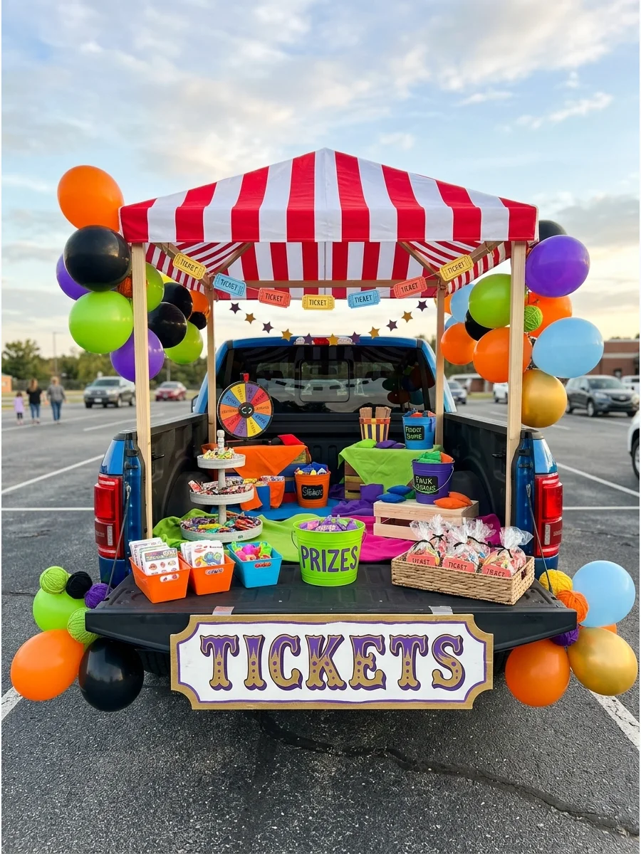 A circus-themed truck bed with red and white stripes and balloons.