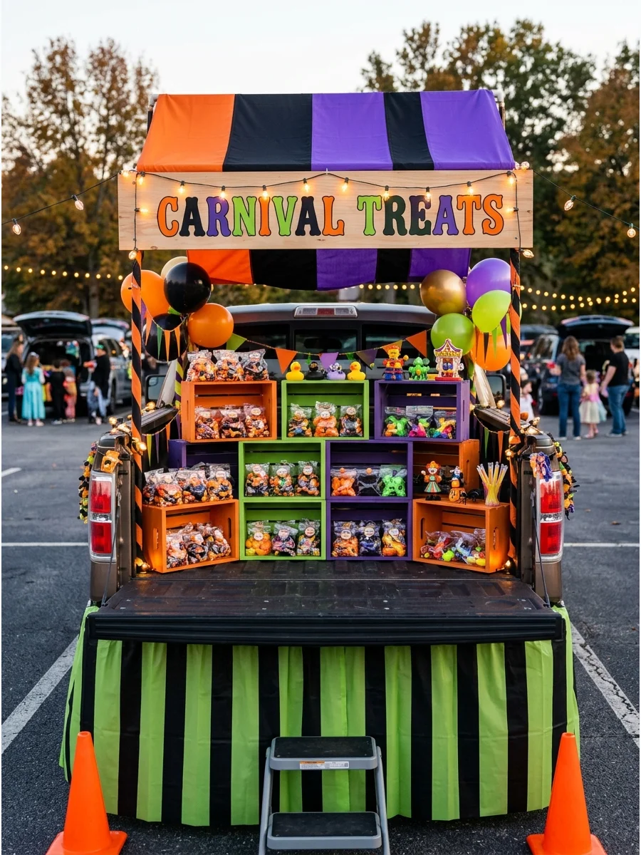 A carnival prize booth theme in a truck bed with prizes on display.