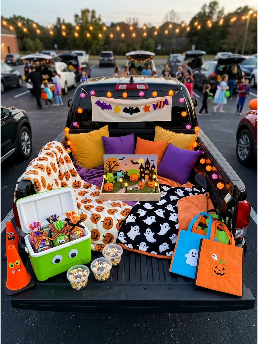 A cozy movie night themed truck bed with blankets and a screen.