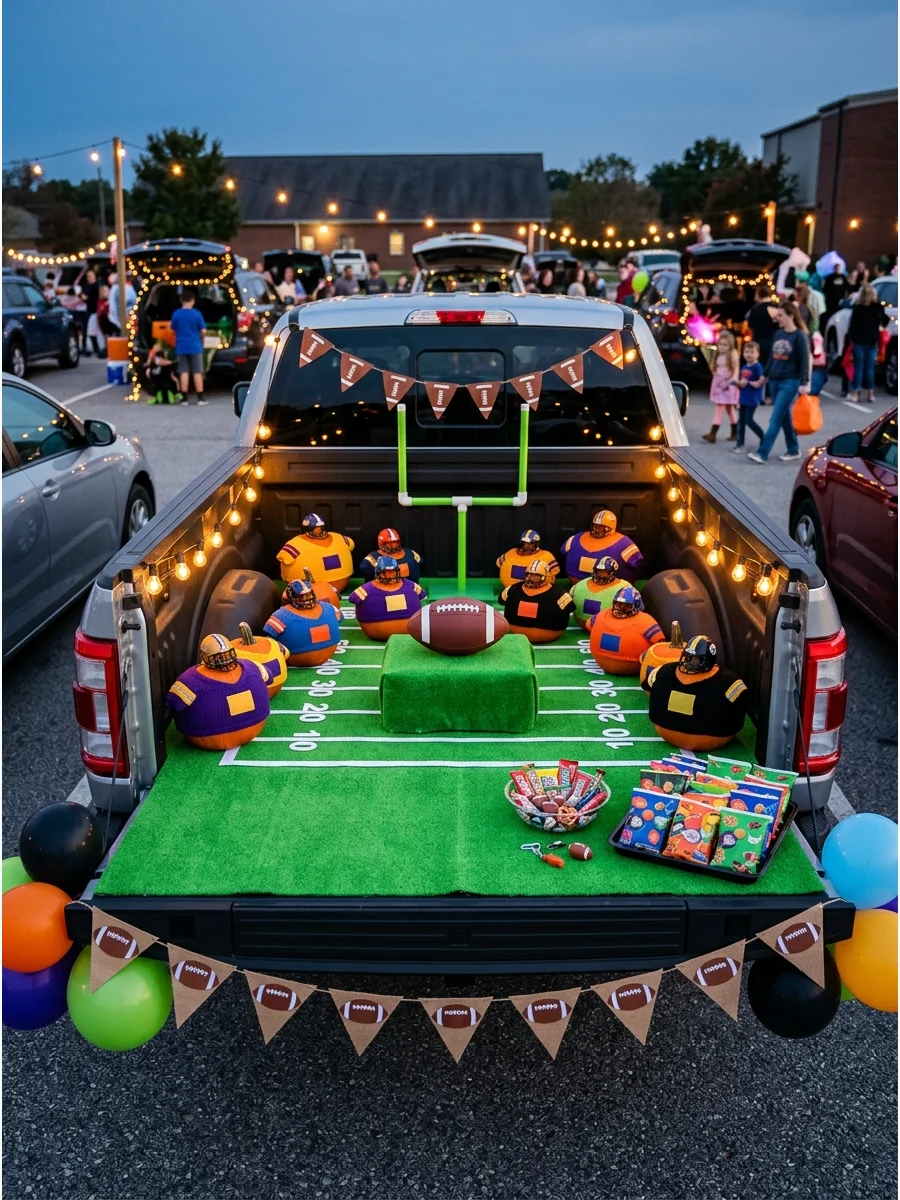A sports-themed truck bed with a football and team decorations.