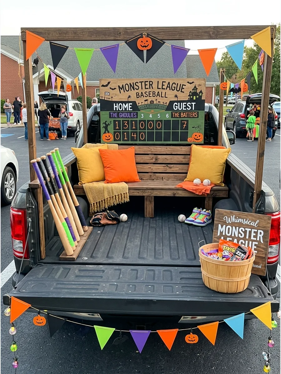 A baseball dugout theme in a truck bed with bats and a scoreboard.
