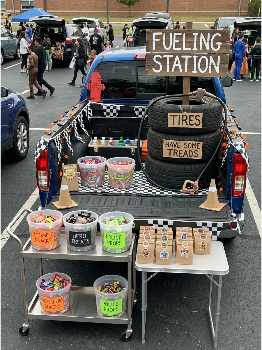 A race-car pit stop theme in a truck bed with checkered flags.