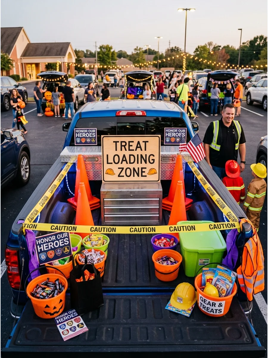 A construction zone themed truck bed with cones and caution tape.