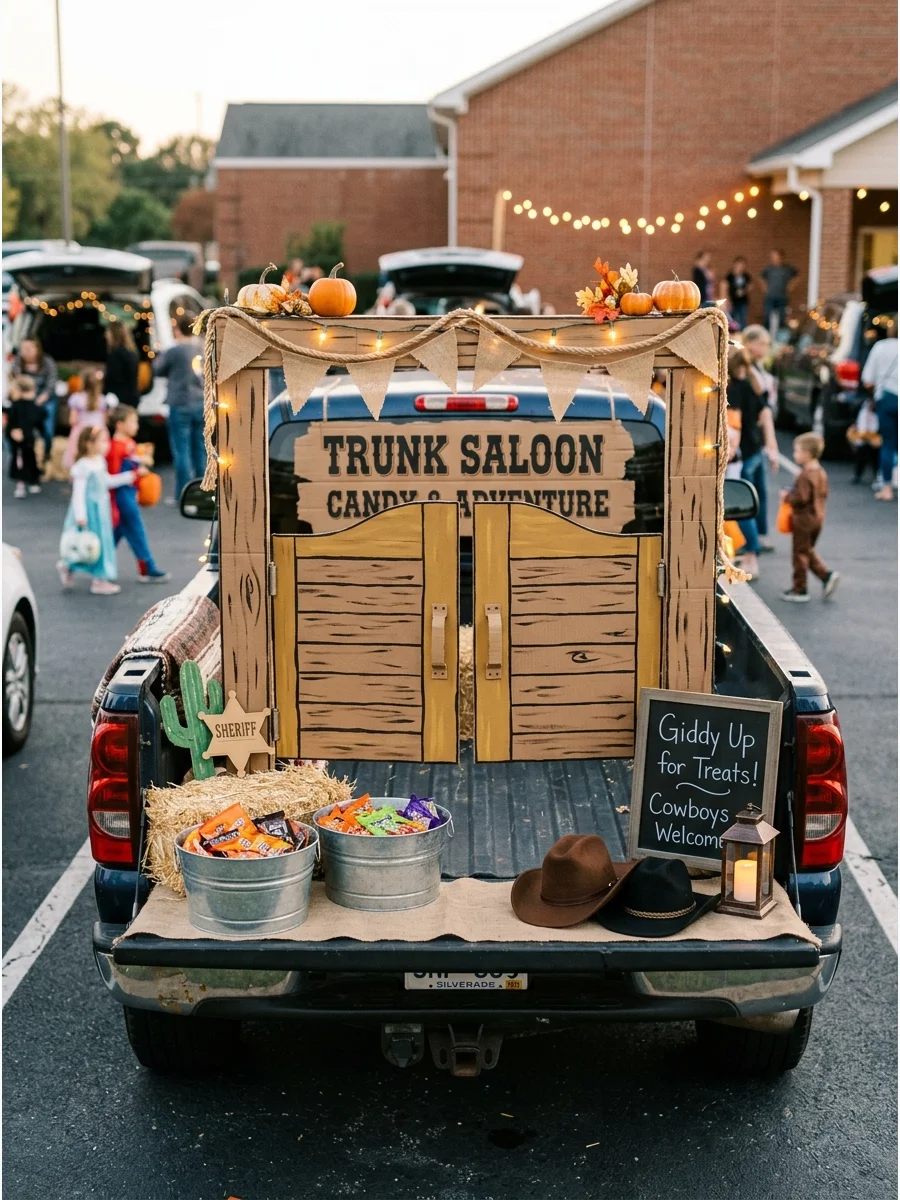 A Western saloon-themed truck tailgate with cowboy decorations.