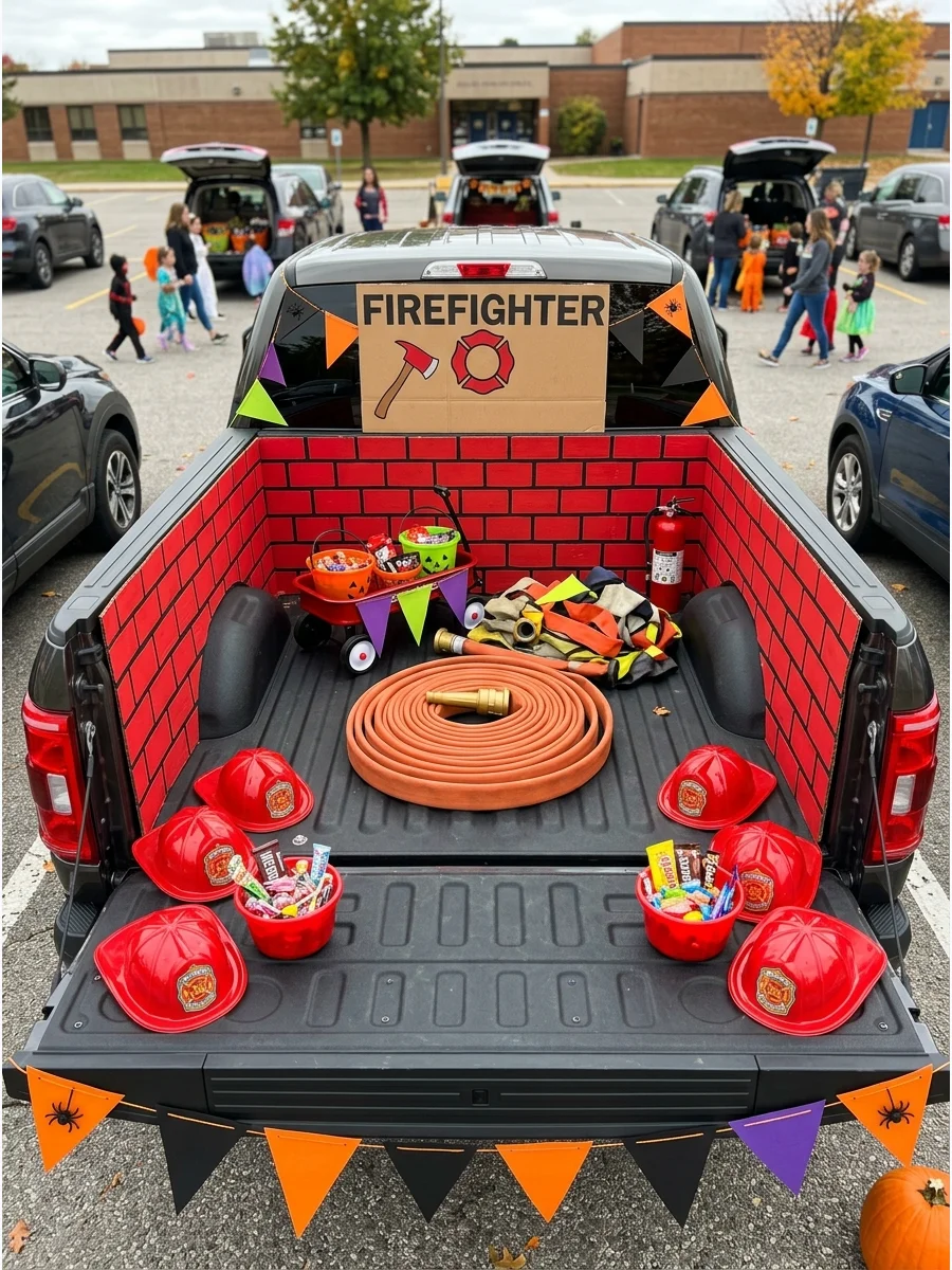 A fire station themed truck bed with red bricks and fire helmets.