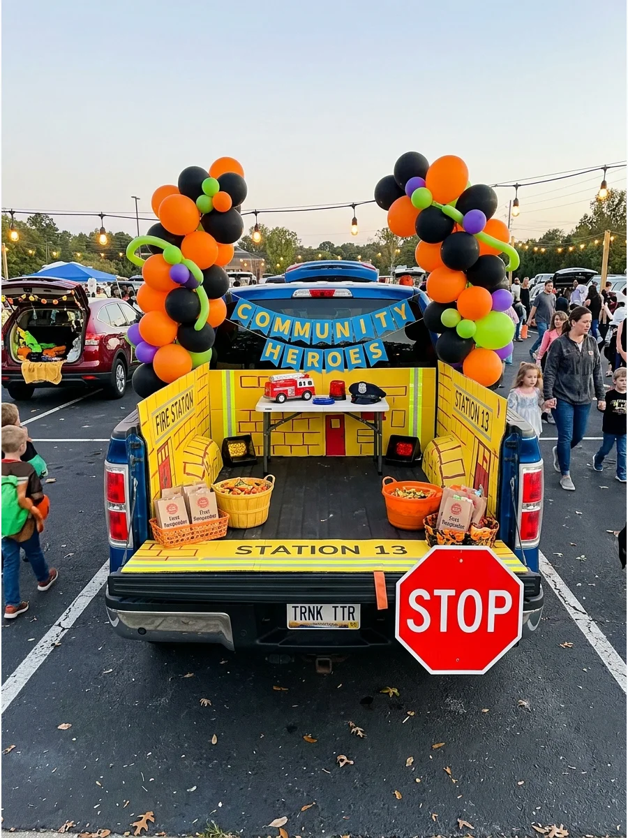 A school bus themed truck with yellow panels and a stop sign.