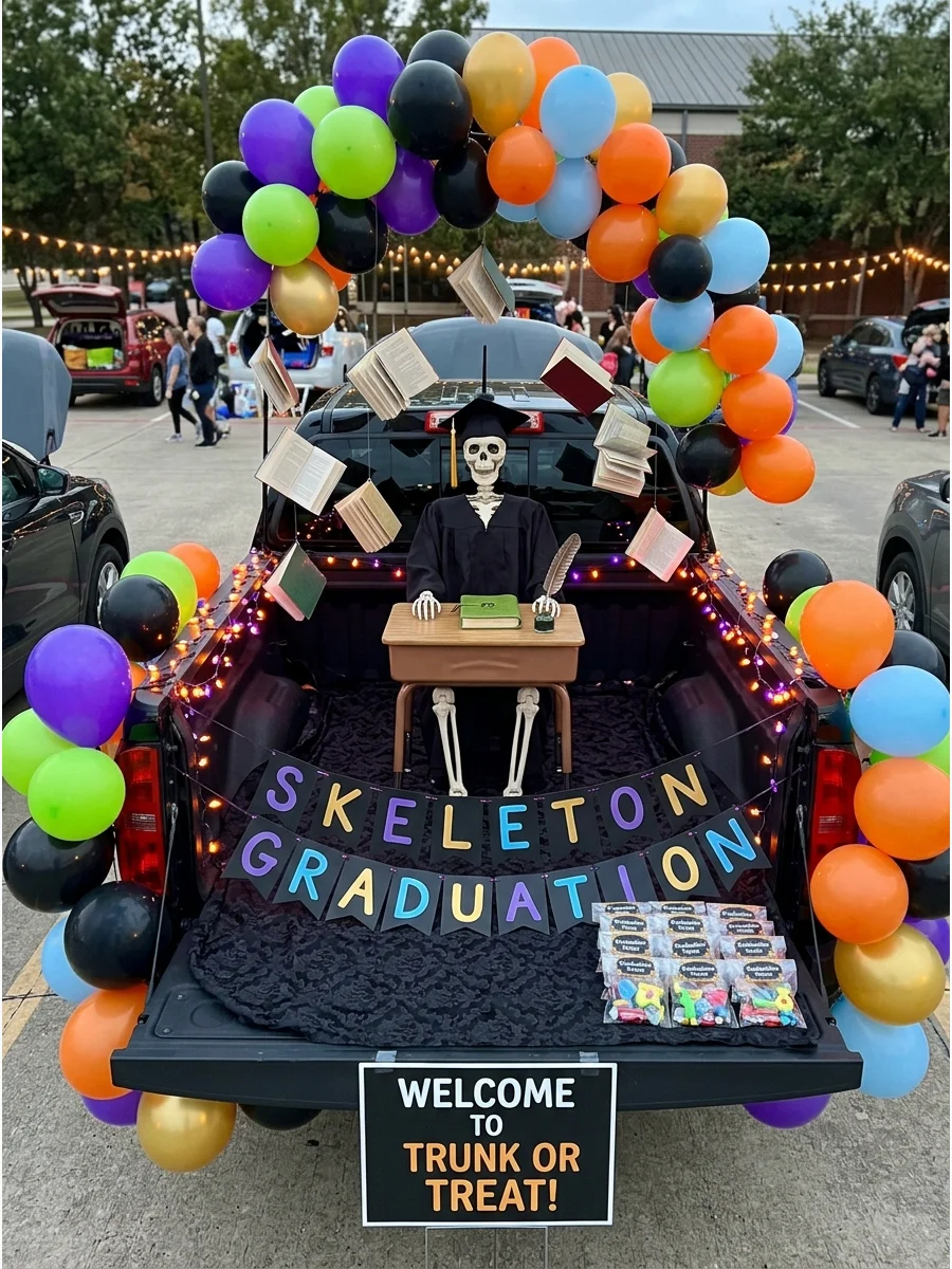 A haunted school theme in a truck bed with a desk and books.