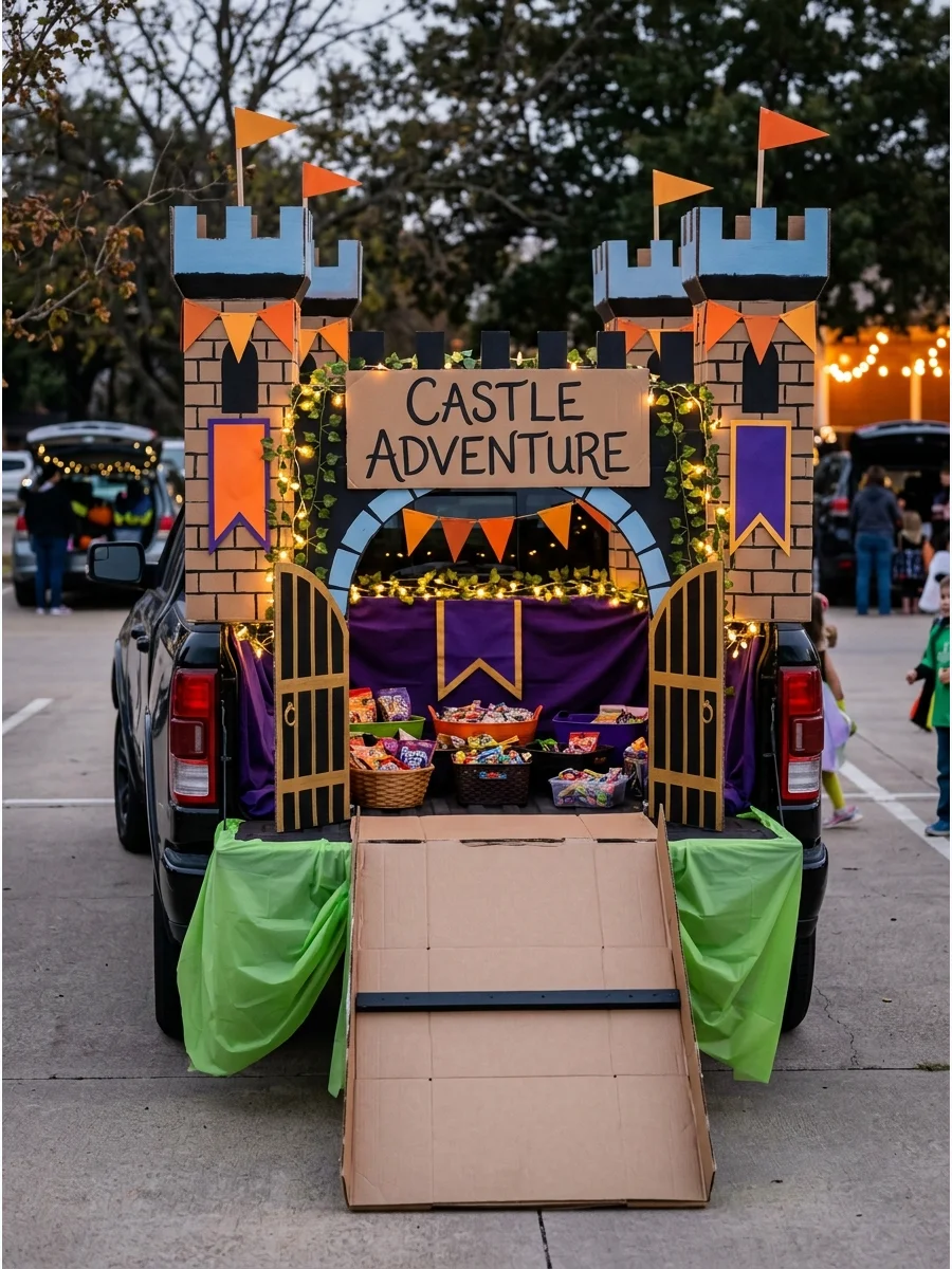 A castle-themed truck bed with cardboard towers and flags.