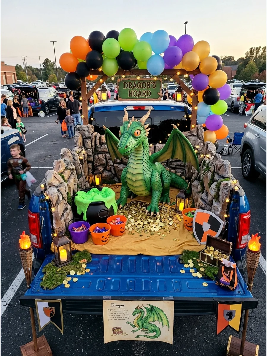 A dragon's cave theme in a truck bed with treasure and a dragon.