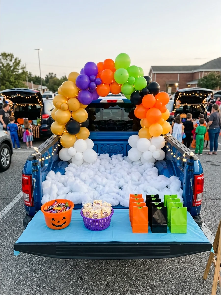 A rainbow and cloud themed truck bed with colorful decorations.